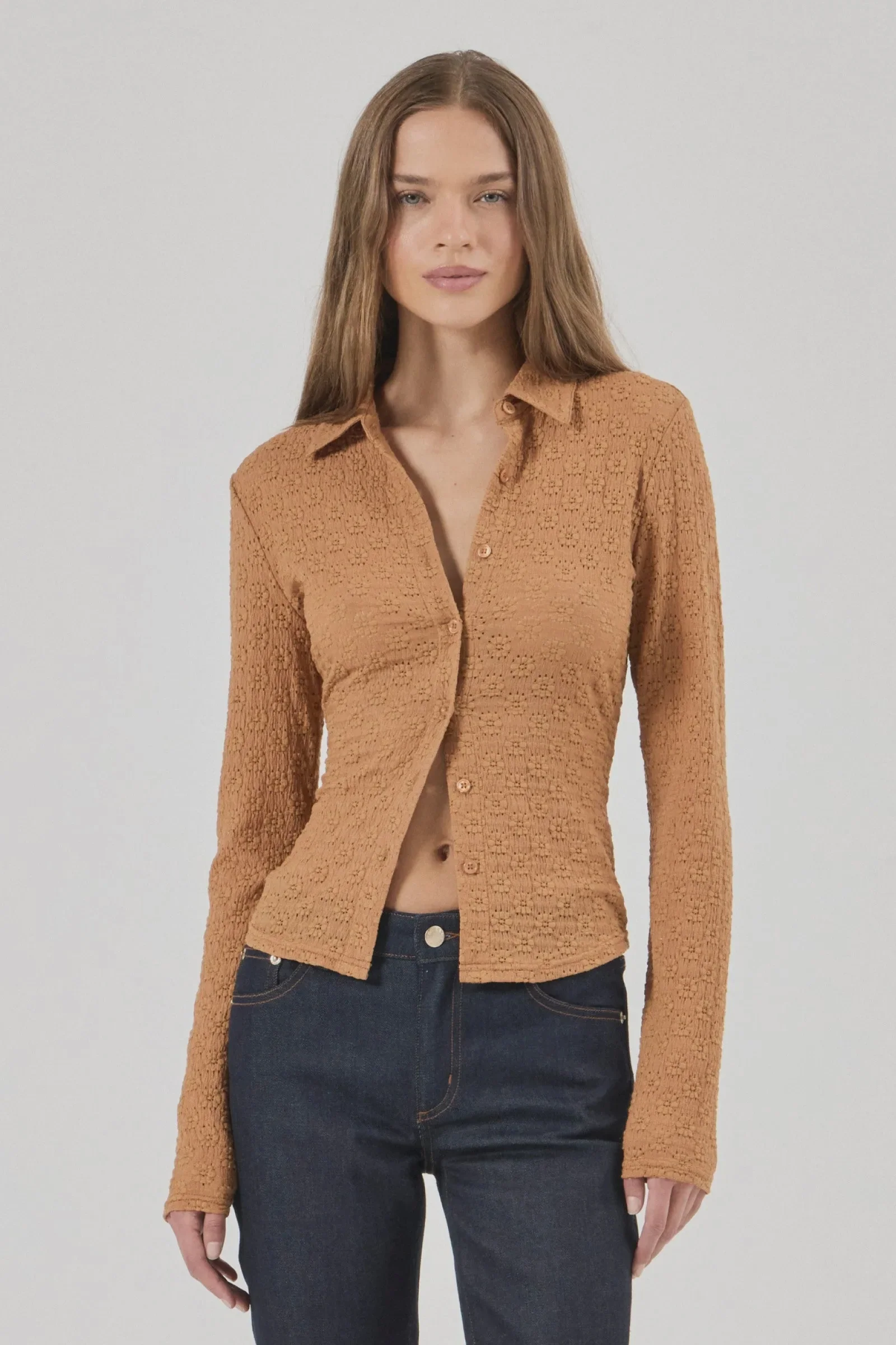 ROLLA'S Womens Daisy Lace Long Sleeve Shirt in Caramel