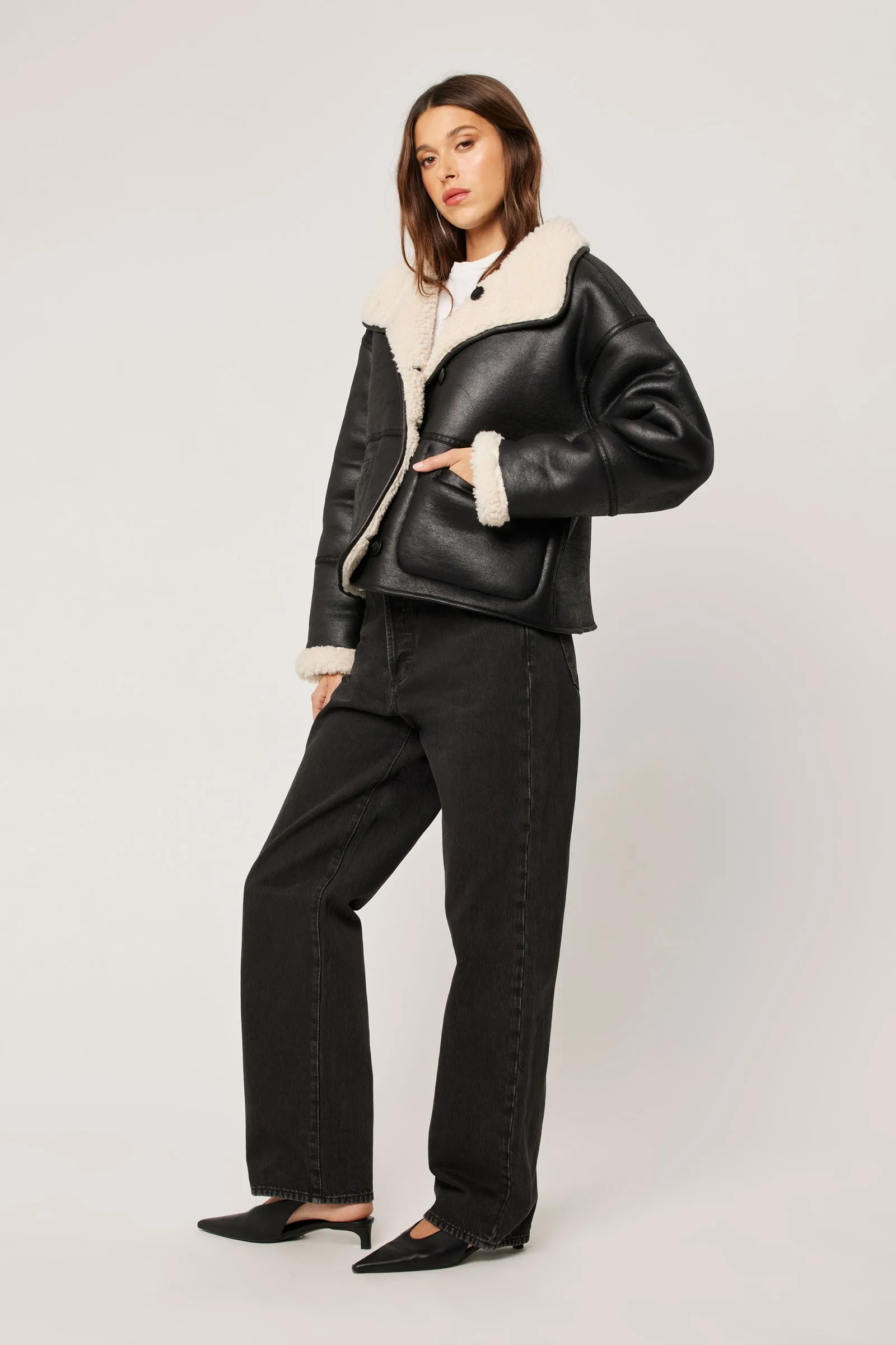 ROLLA'S Womens Reversible Faux Shearling Jacket - Black - Image 3