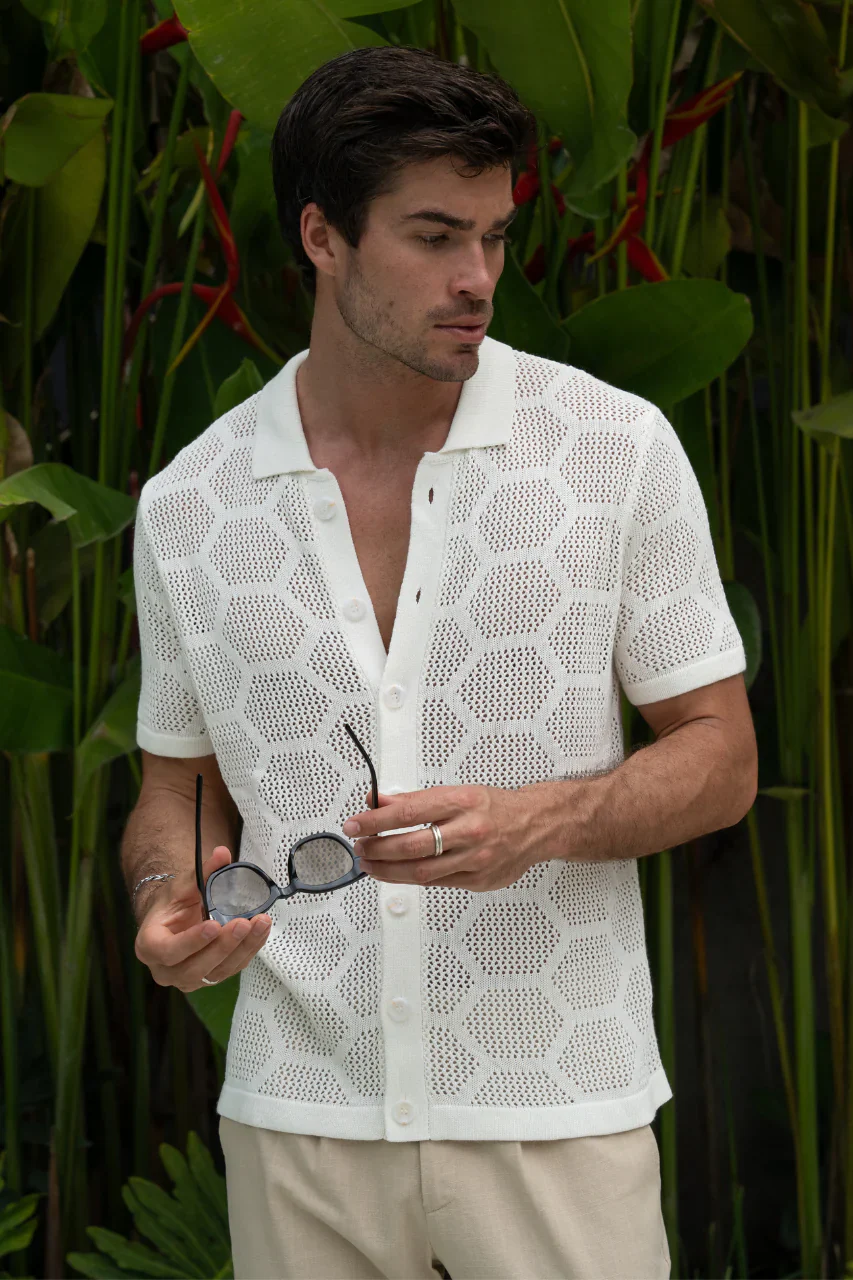 RUNAWAY Mens Keneth Short Sleeve Knit Shirt - White - Image 6