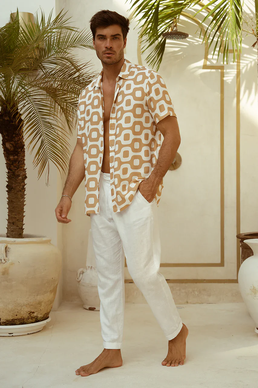 RUNAWAY Mens Mason Short Sleeve Shirt - Sand White Print - Image 7
