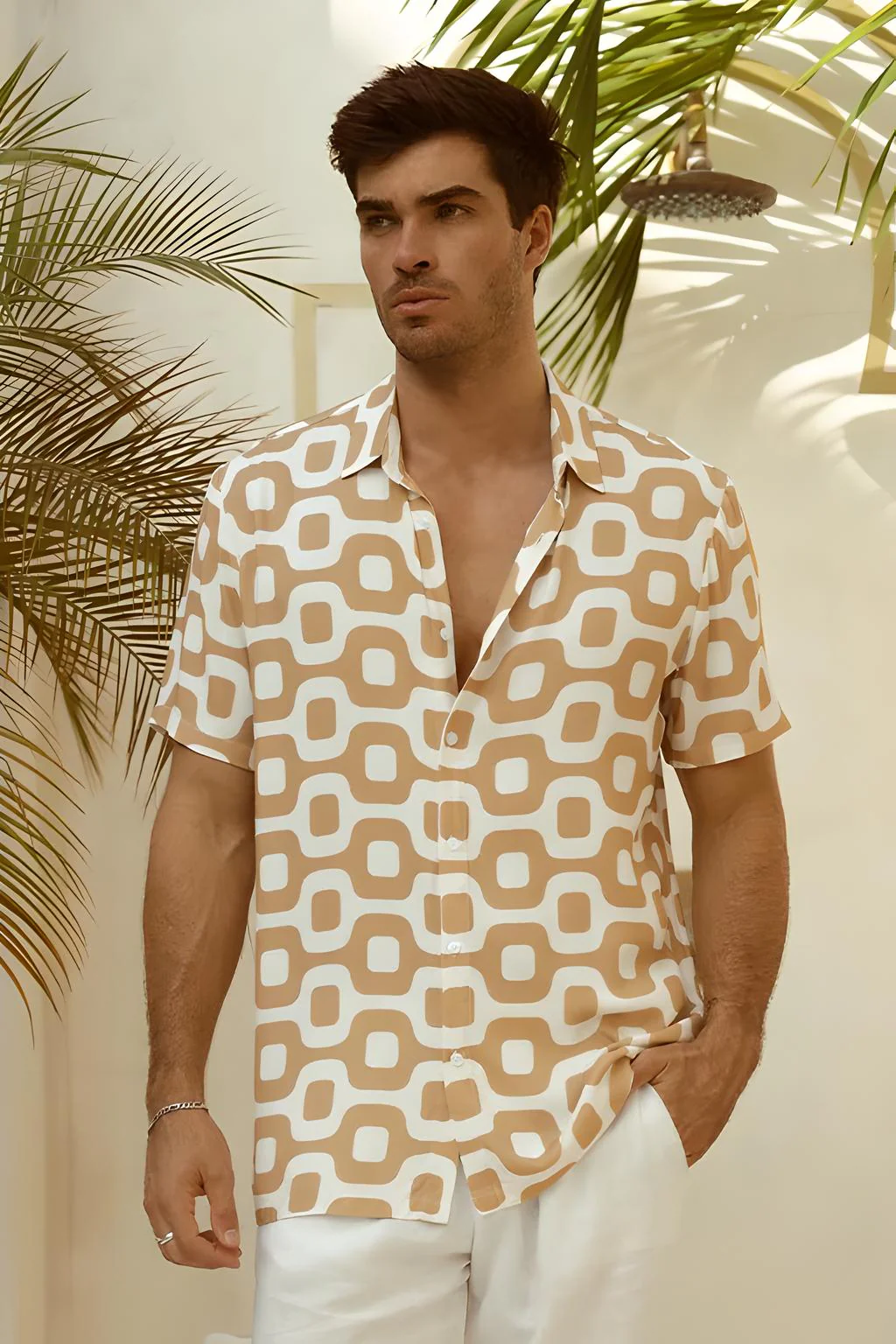RUNAWAY Mens Mason Short Sleeve Shirt - Sand White Print - Image 8