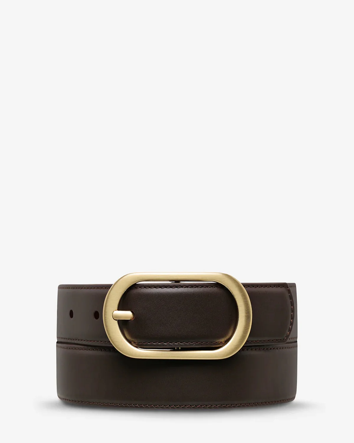 STATUS ANXIETY Womens Final Loop Leather Belt in Choc Nappa/ Gold