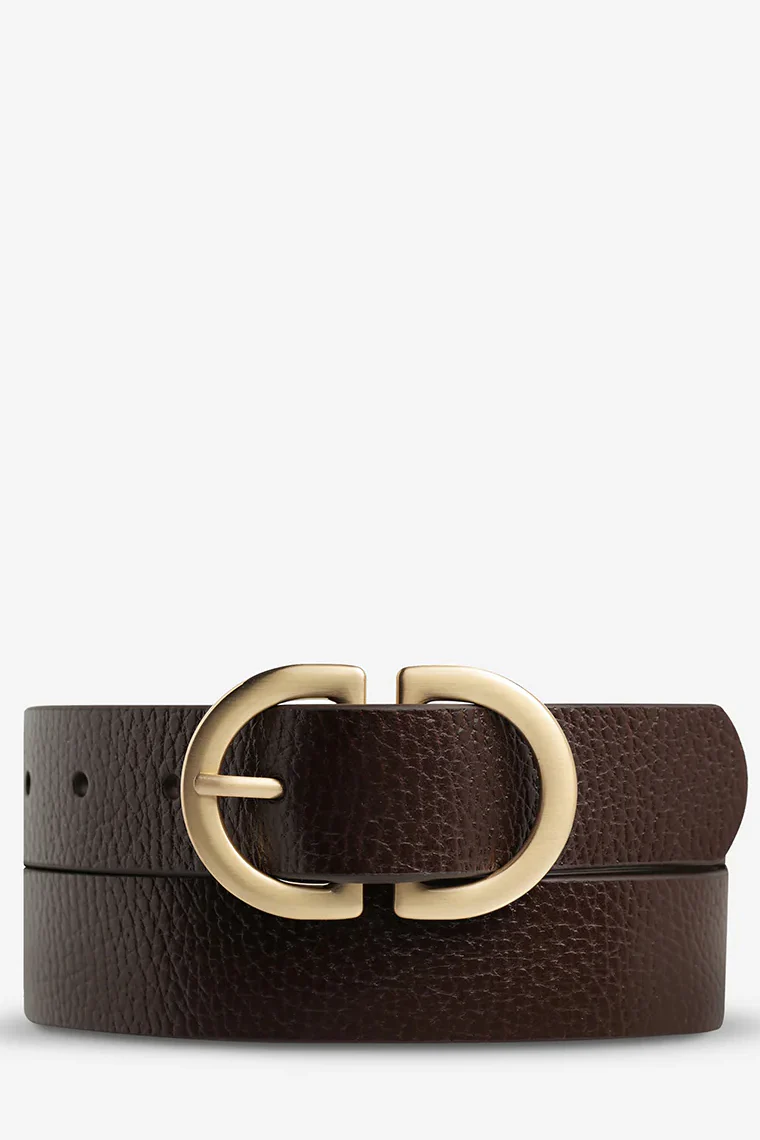 STATUS ANXIETY Womens In Reverse Leather Belt - Choc / Gold