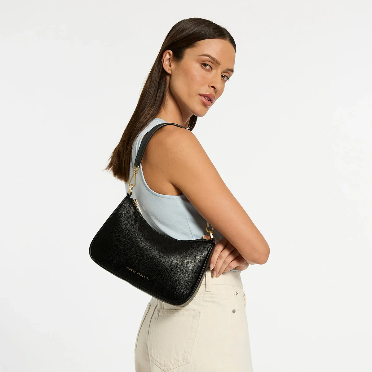 STATUS ANXIETY Womens Look Both Ways Leather Bag in Black w Brushed Gold - Image 14