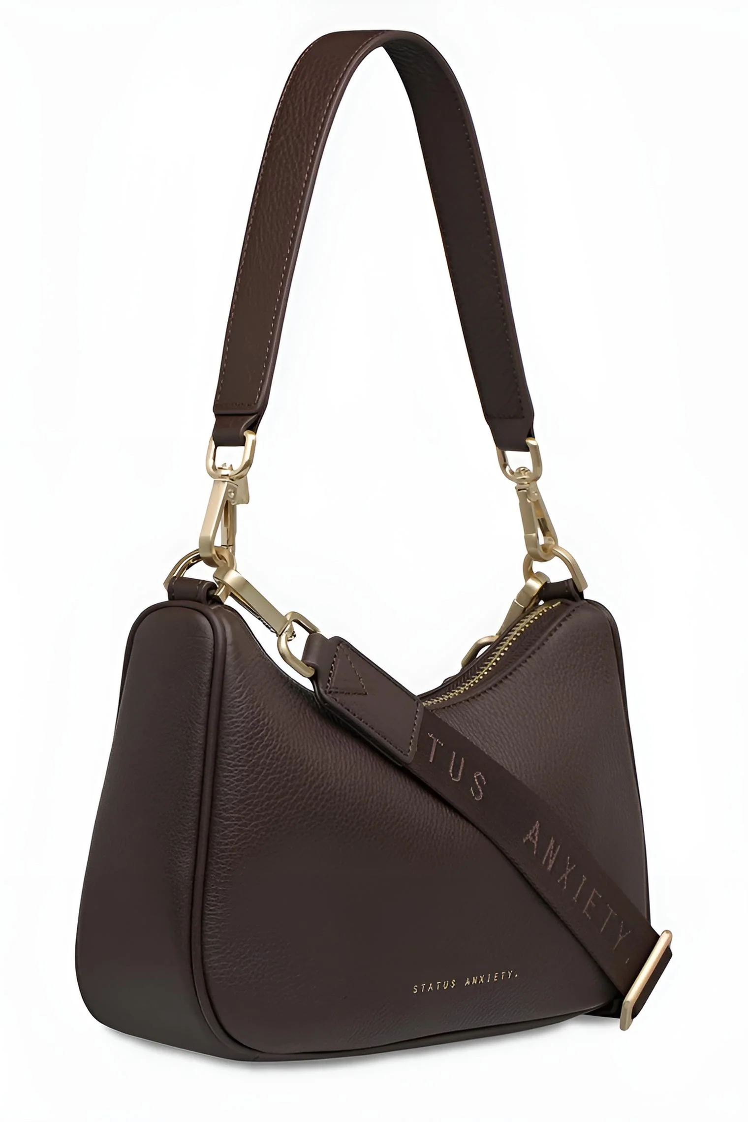 STATUS ANXIETY Womens Look Both Ways Leather Bag in Cocoa w Brushed Gold