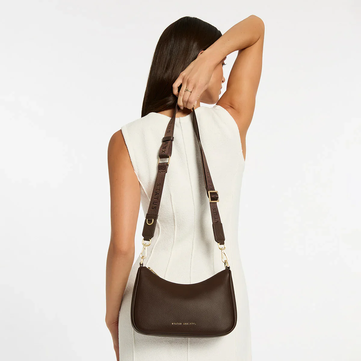 STATUS ANXIETY Womens Look Both Ways Leather Bag in Cocoa w Brushed Gold - Image 11
