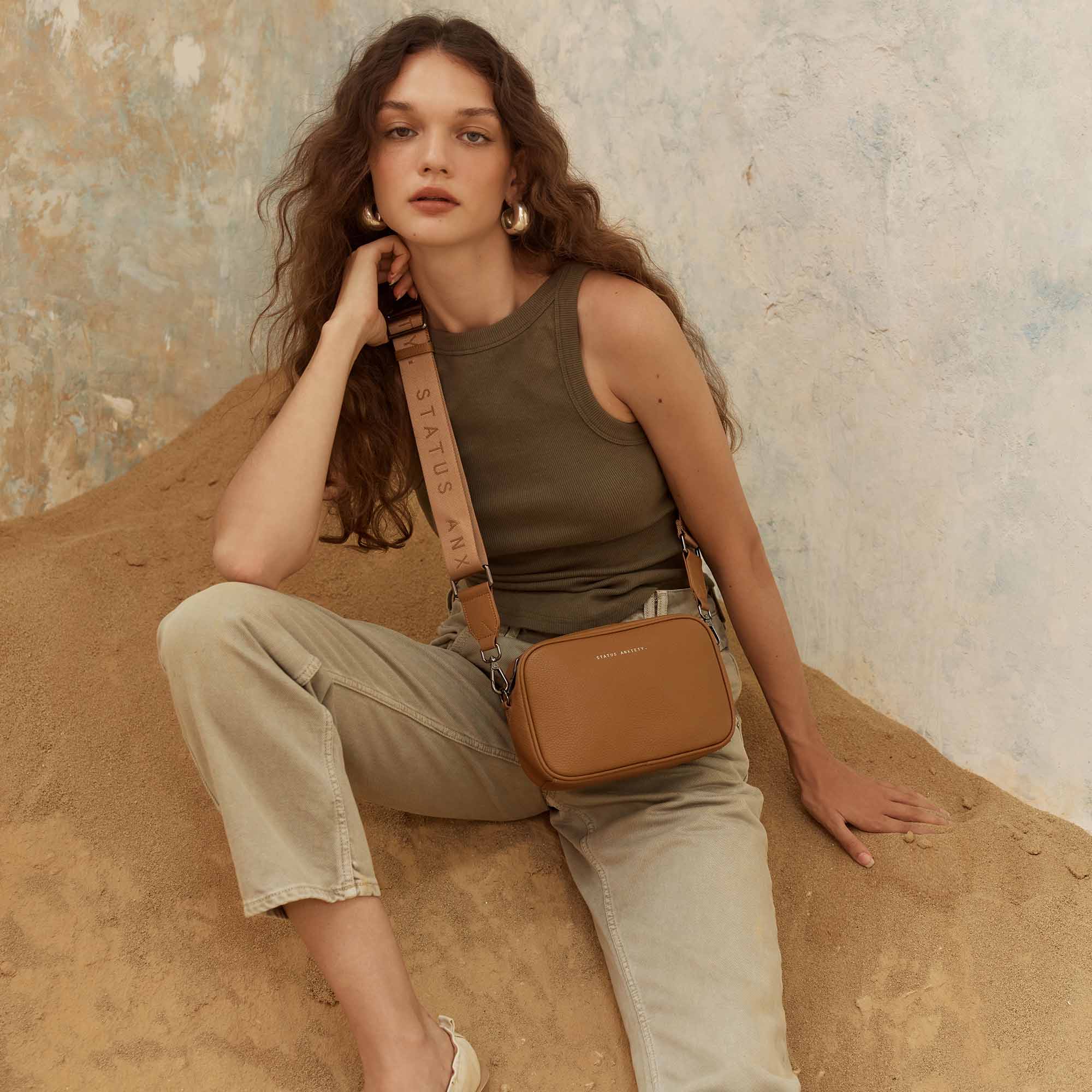 STATUS ANXIETY Womens Plunder Leather Bag with Dual Strap in Camel - Image 9