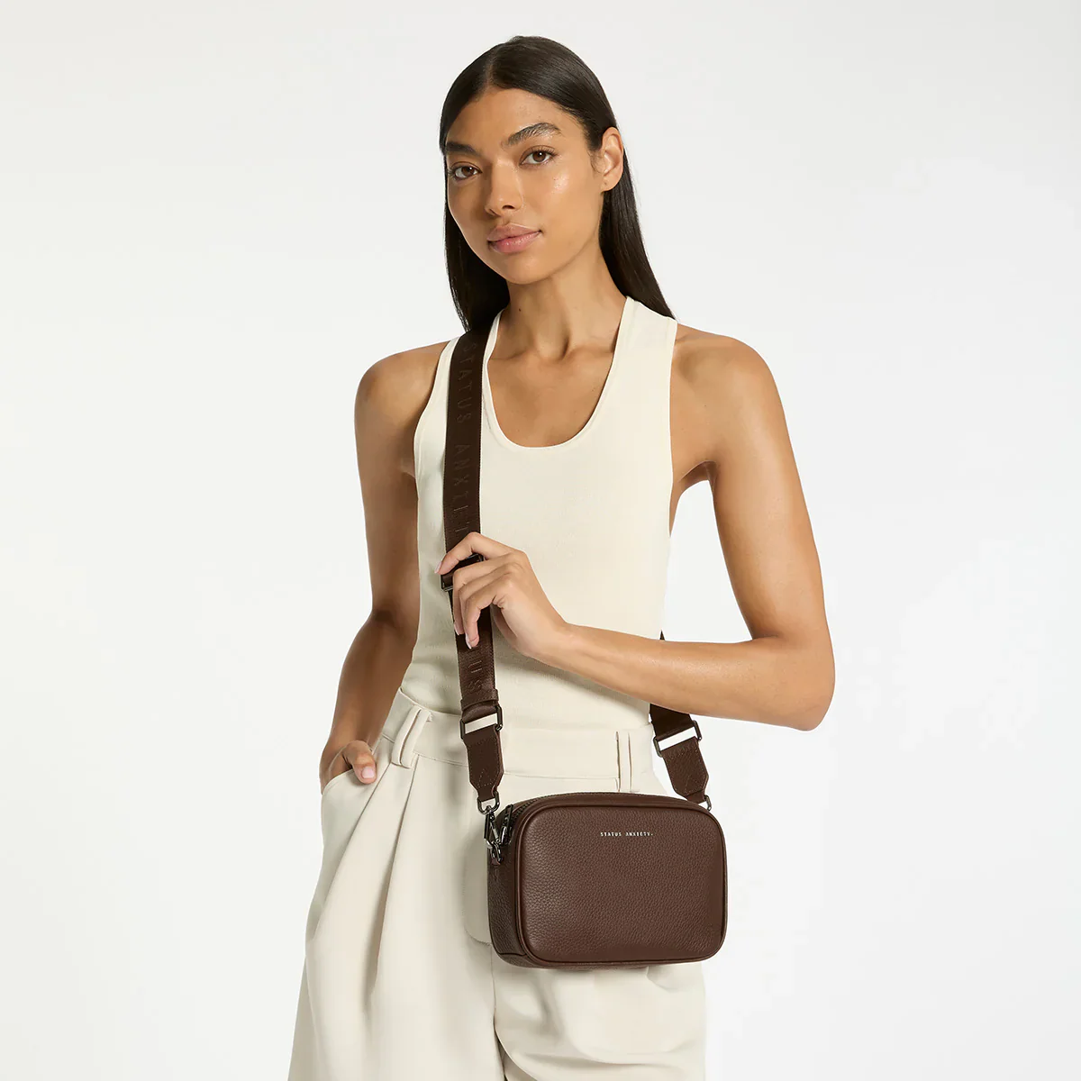 STATUS ANXIETY Womens Plunder Leather Bag with Dual Strap in Cocoa - Image 3
