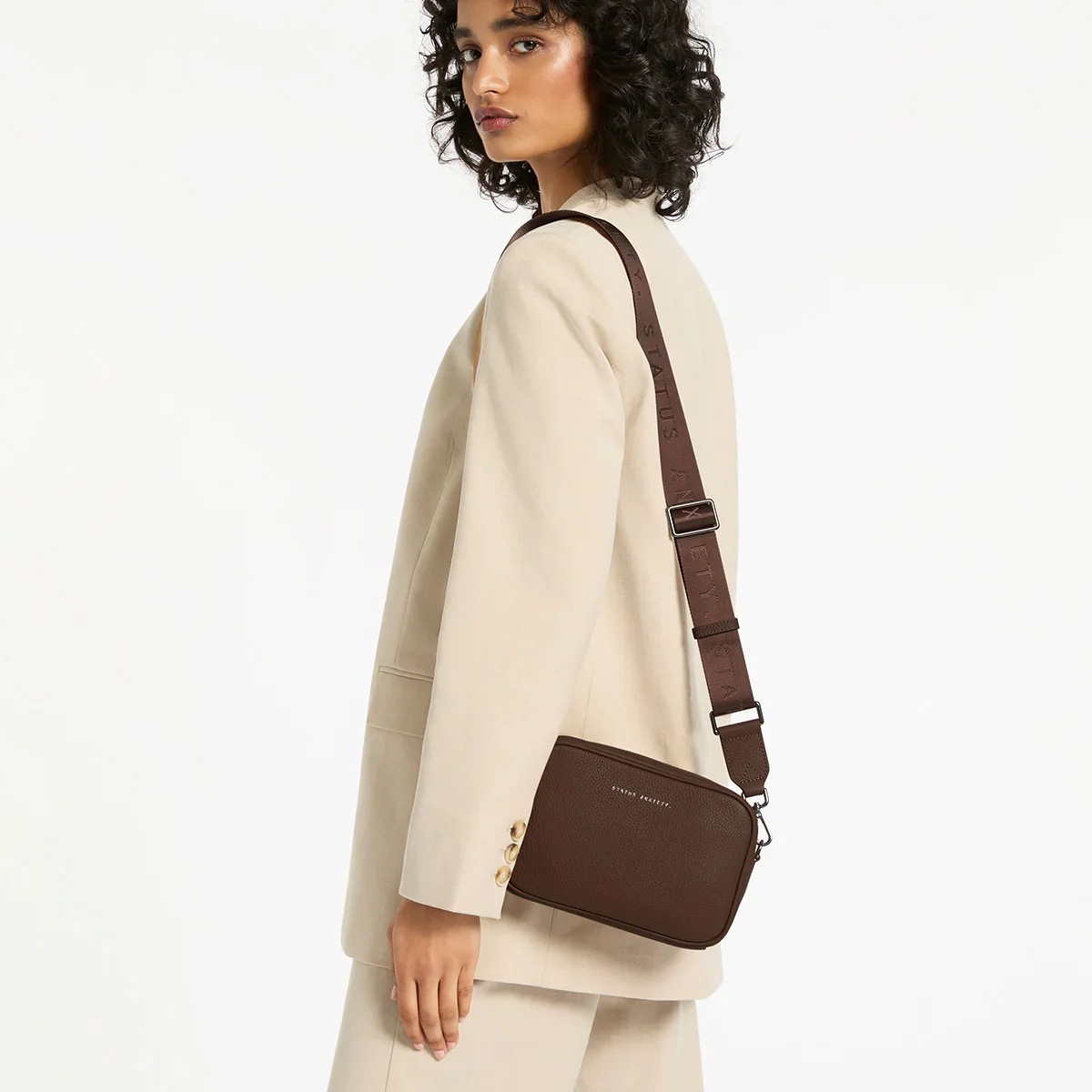 STATUS ANXIETY Womens Plunder Leather Bag with Webbed Strap  - Cocoa - Image 7