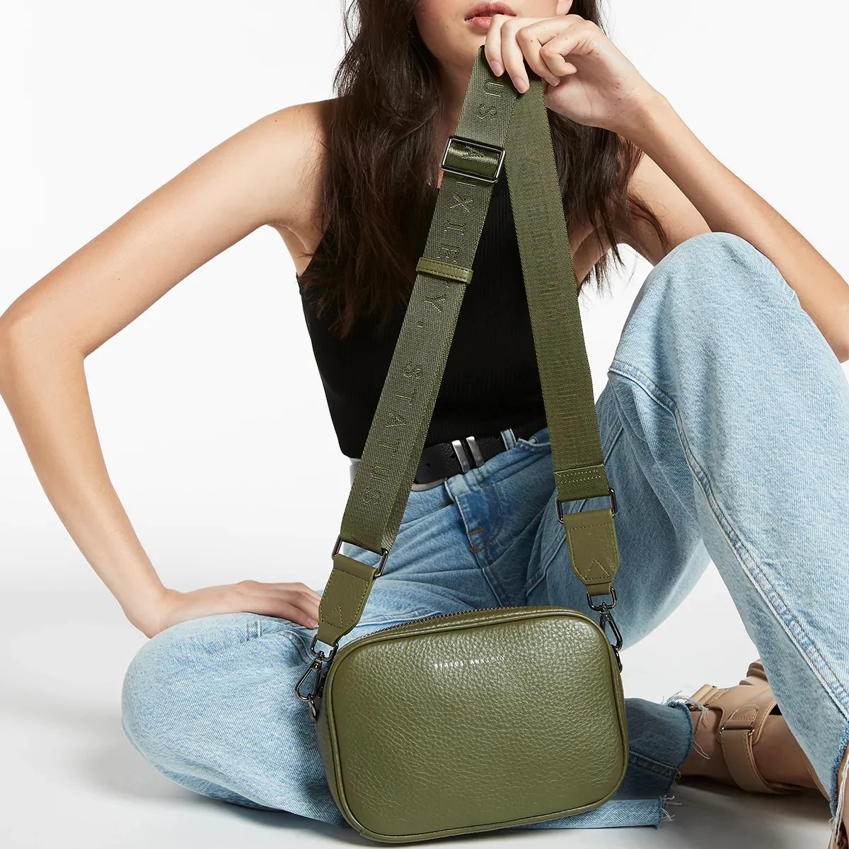 STATUS ANXIETY Womens Plunder Leather Bag with Webbed Strap Khaki - Image 11