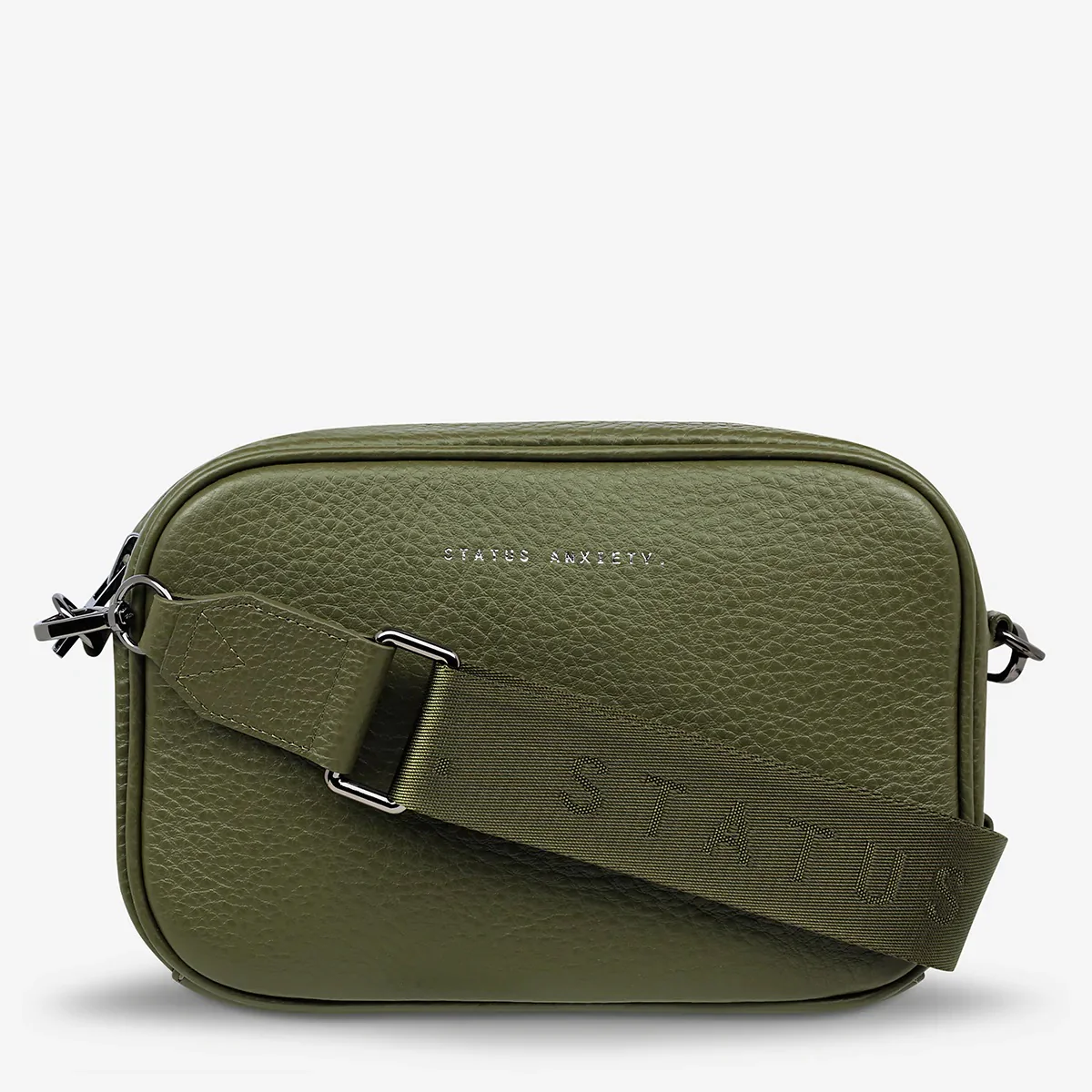 STATUS ANXIETY Womens Plunder Leather Bag with Webbed Strap Khaki - Image 3