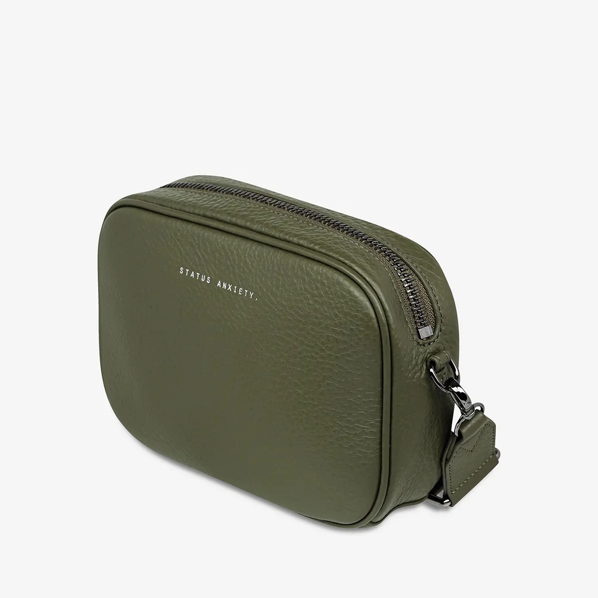 STATUS ANXIETY Womens Plunder Leather Bag with Webbed Strap Khaki - Image 5