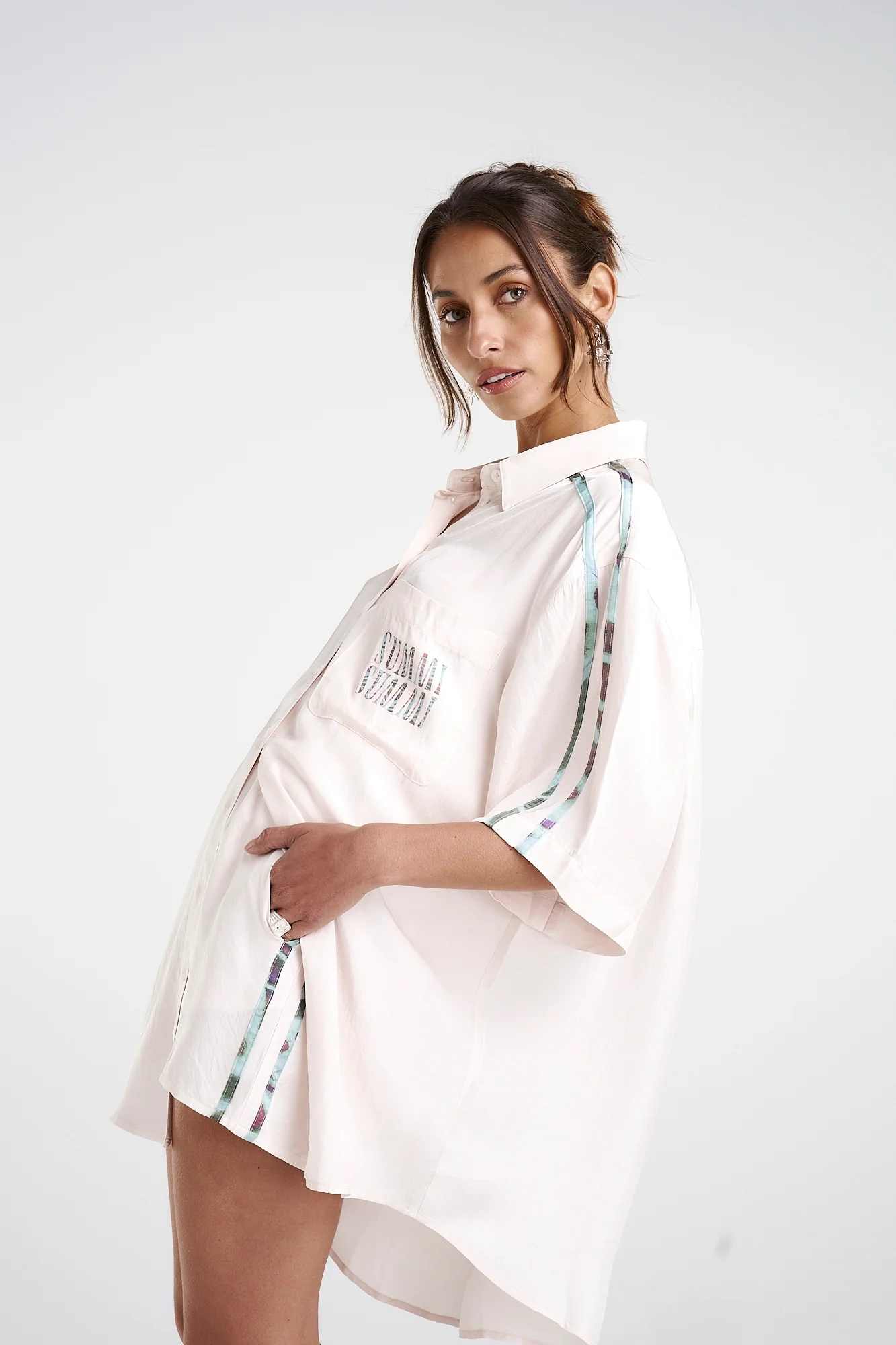 SUMMI SUMMI Womens Big Shirt with Stripe - Cream/Viceroy Stripe - Image 5