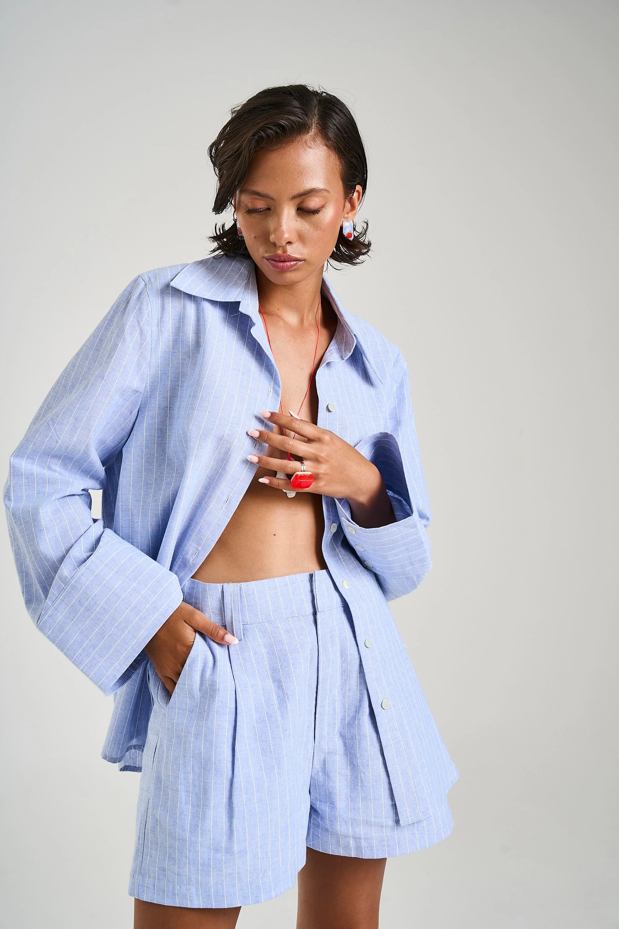 SUMMI SUMMI Womens Cuff Shirt in Sea Stripe - Image 6