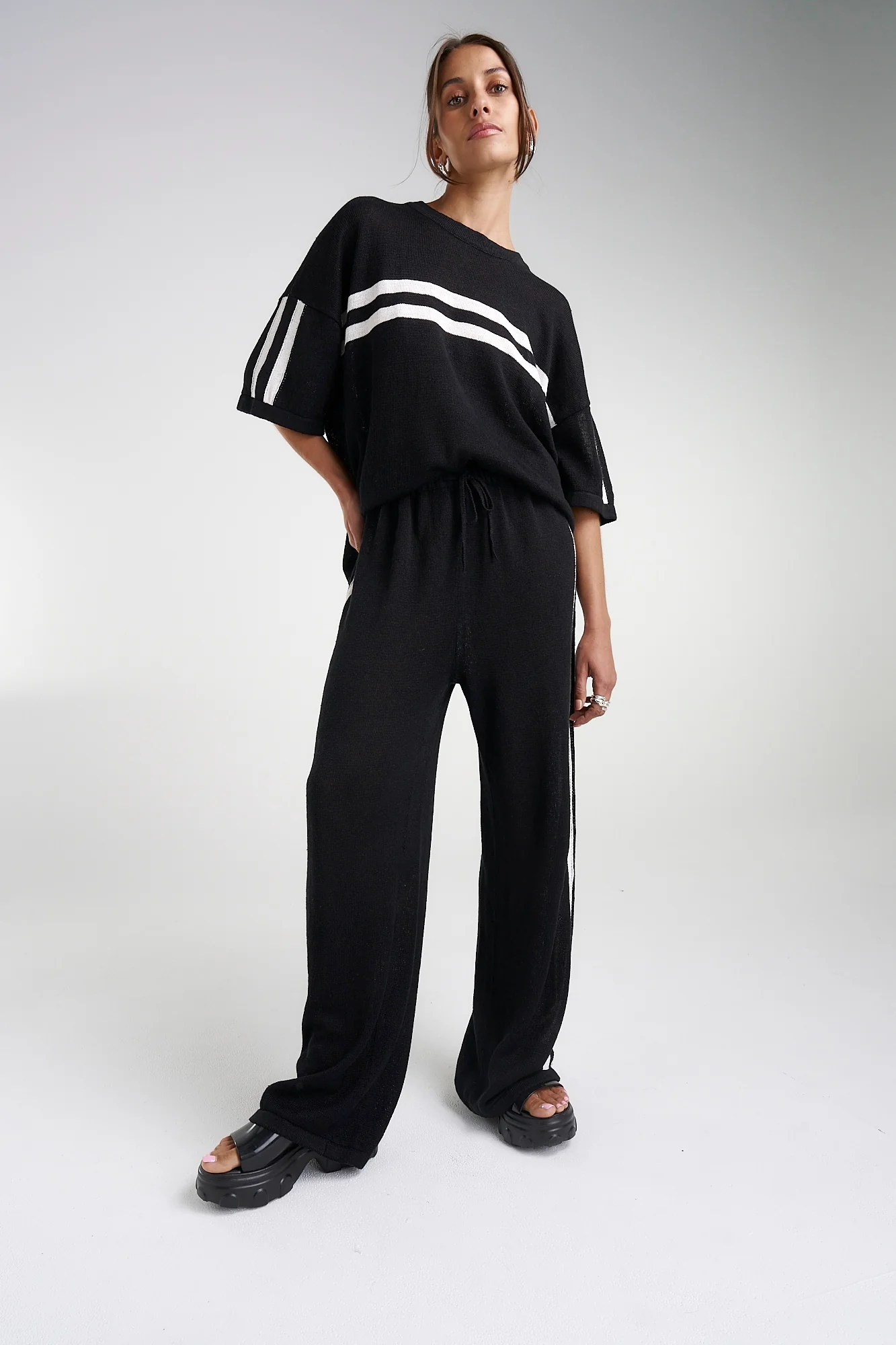 SUMMI SUMMI Womens Knit LinenTee - Black w Cream Stripe - Image 4