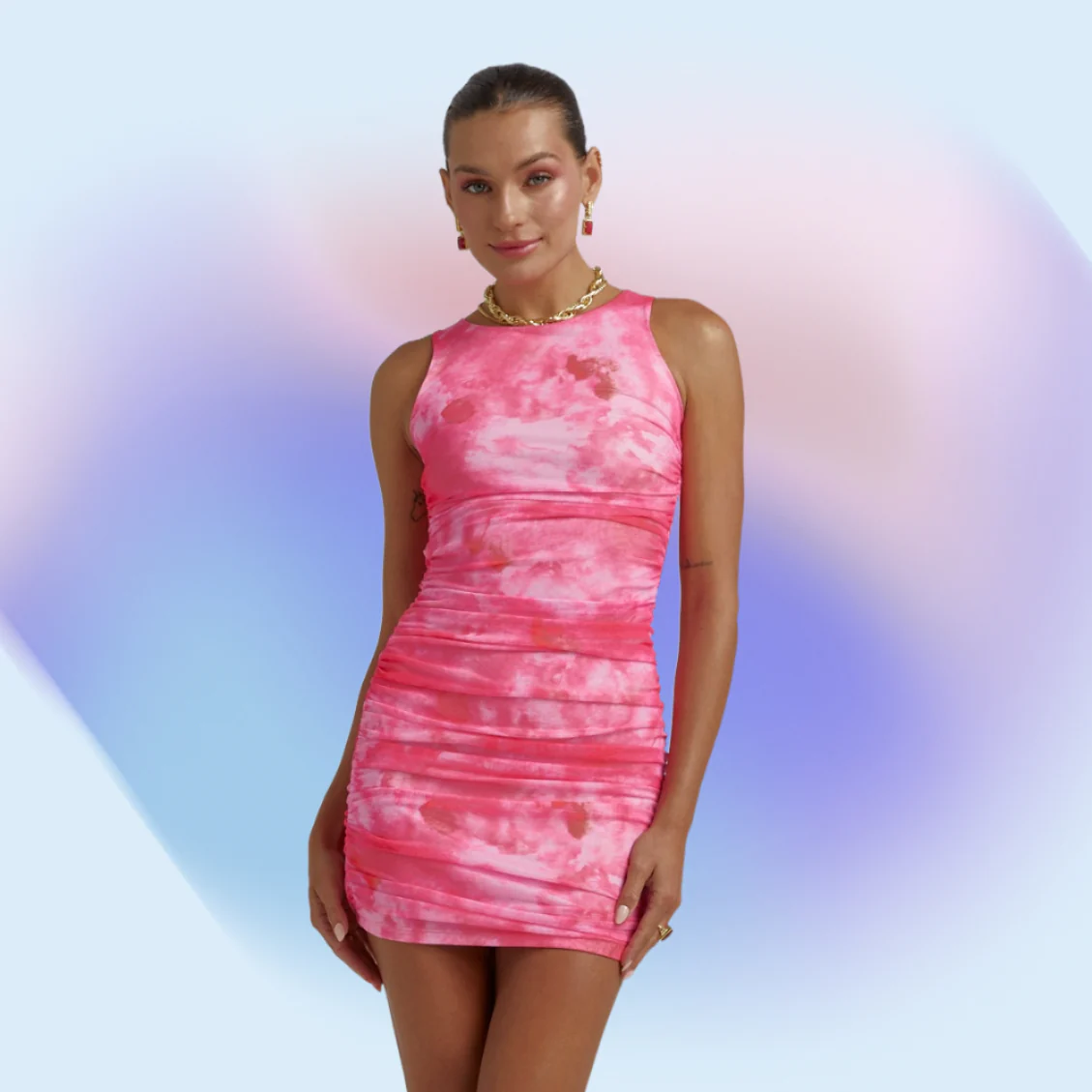 SUMMI SUMMI Womens Mesh Ruched Mini Dress - Hibiscus - Image 3