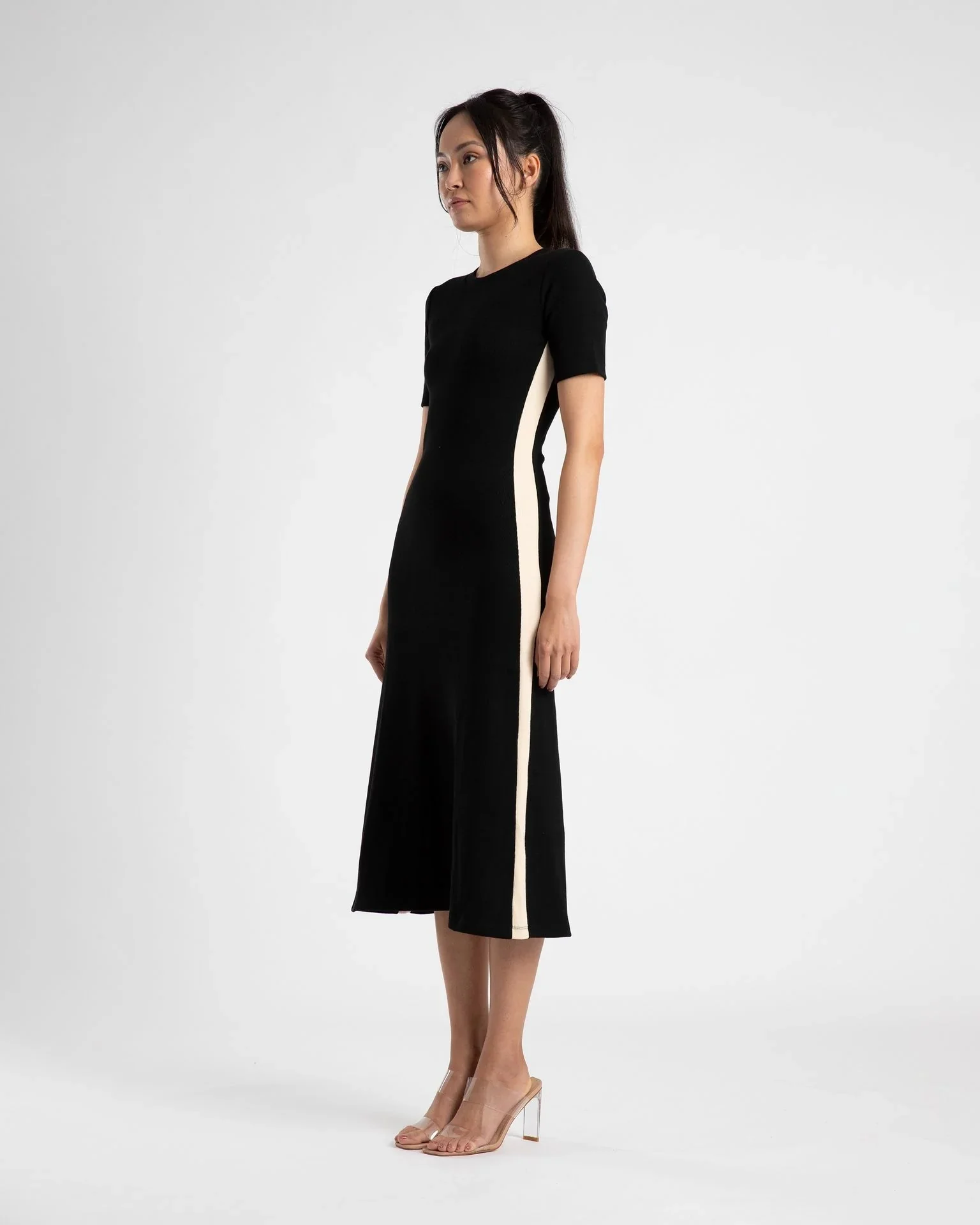 SUMMI SUMMI Womens Midi A Line Dress With Short Sleeve Black/Cream Stripe - Image 4