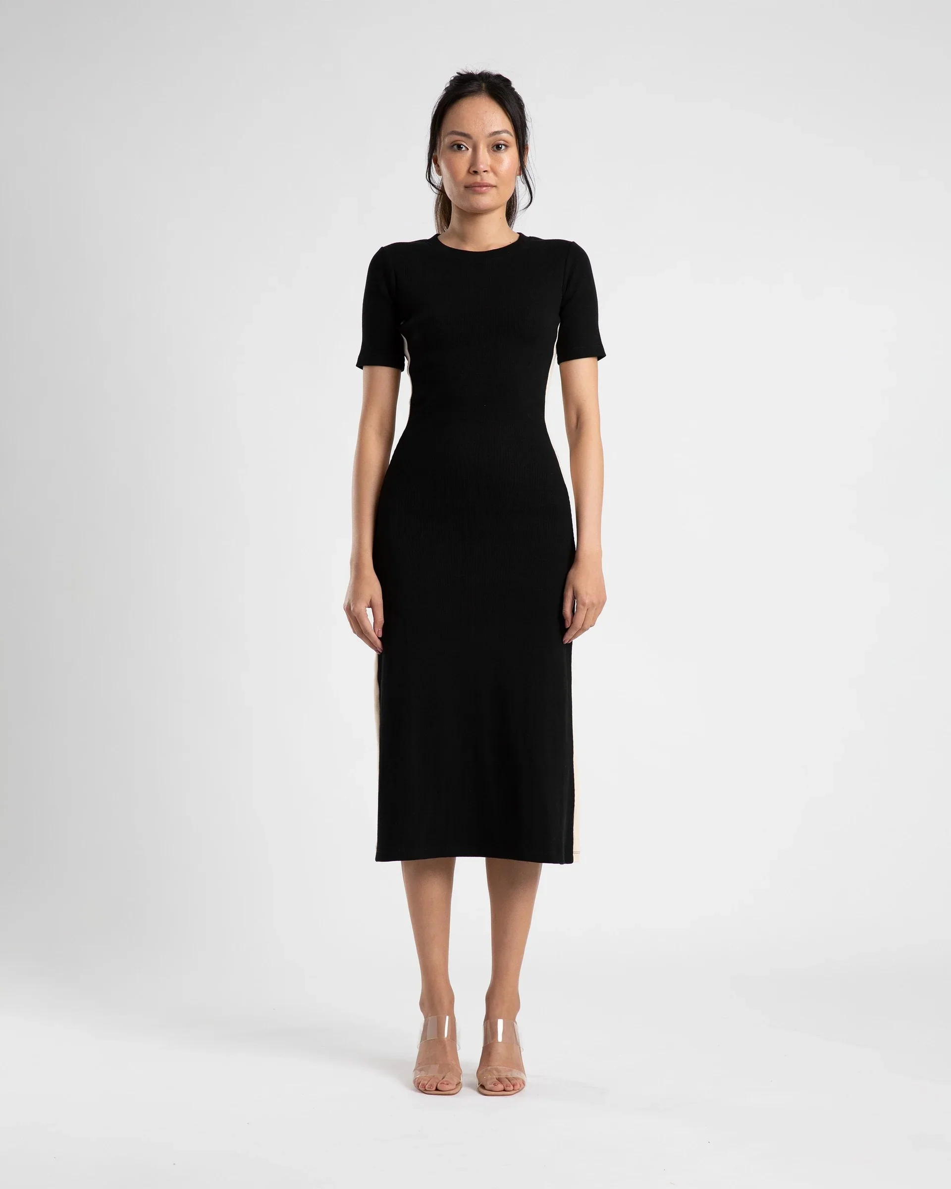 SUMMI SUMMI Womens Midi A Line Dress With Short Sleeve Black/Cream Stripe - Image 5
