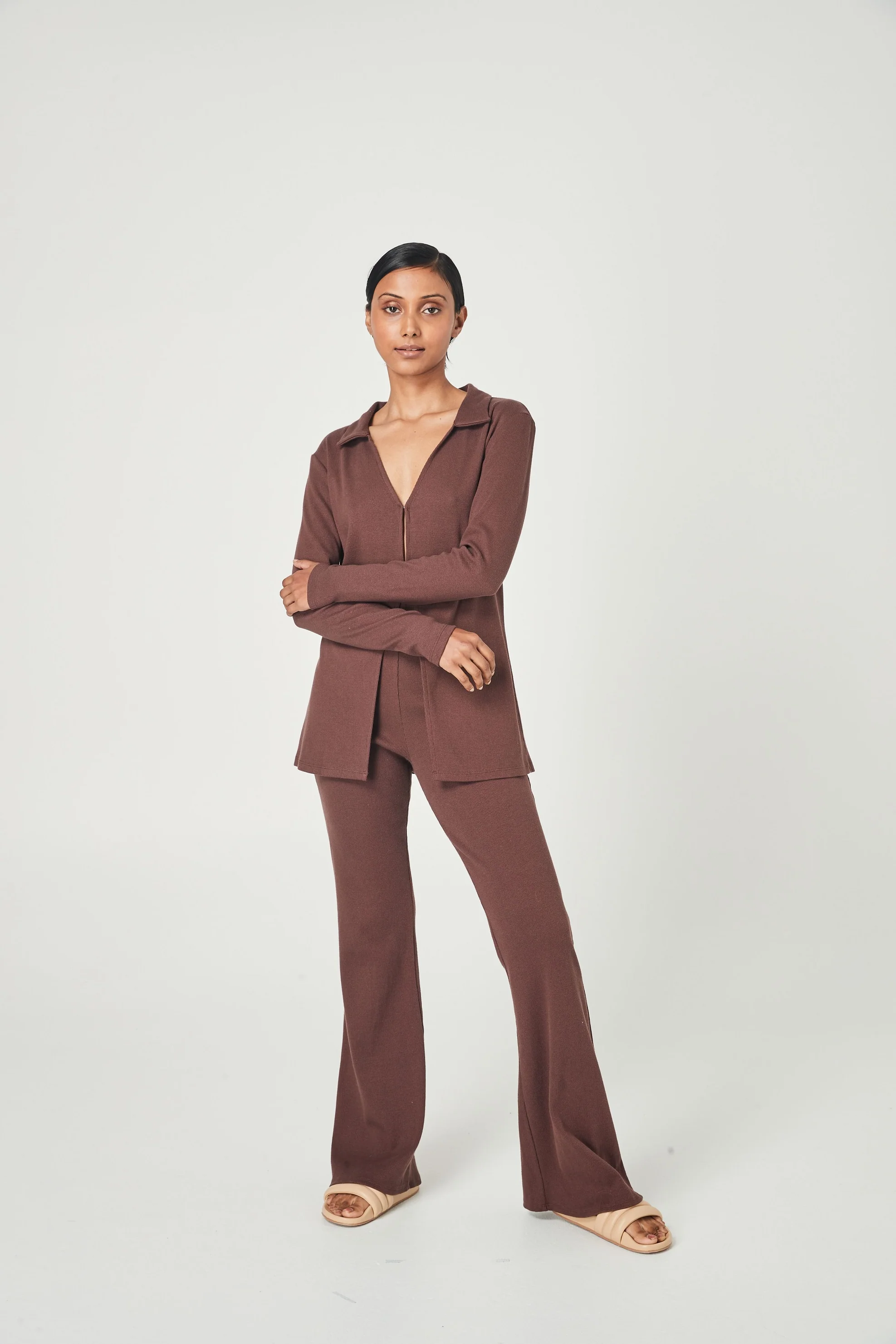 SUMMI SUMMI Womens Ribbed Collared Cardi Chocolate - Image 5