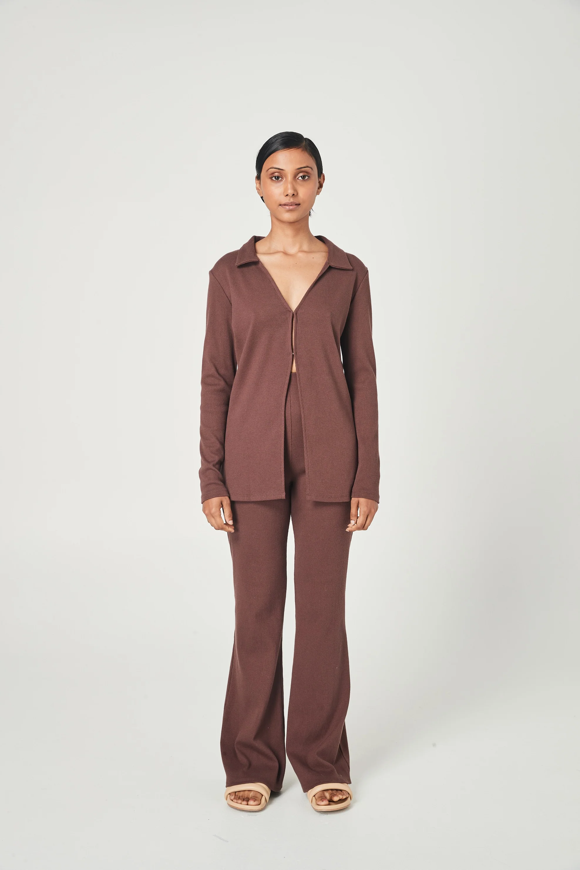SUMMI SUMMI Womens Ribbed Collared Cardi Chocolate - Image 8
