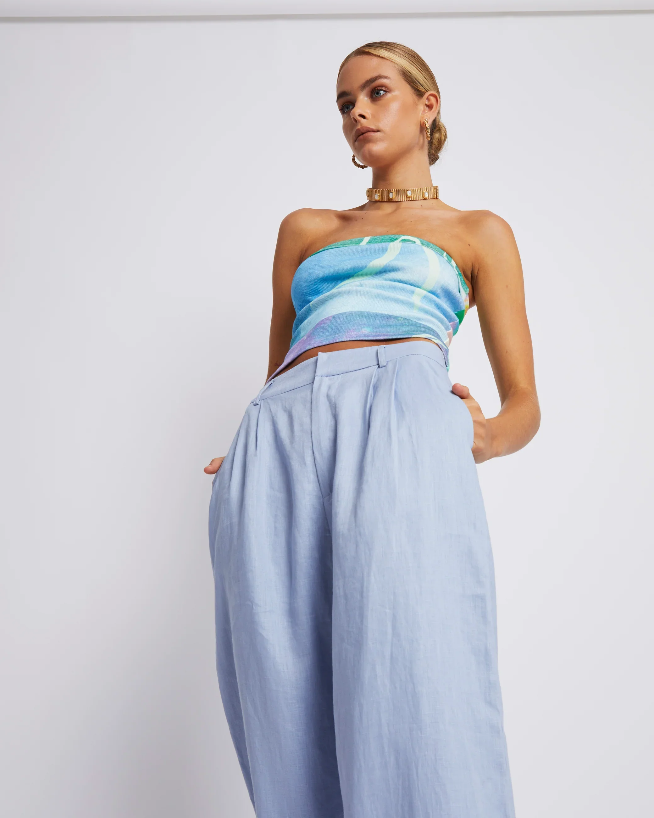 SUMMI SUMMI Womens Wide Leg Linen Trousers - Alice Blue - Image 7