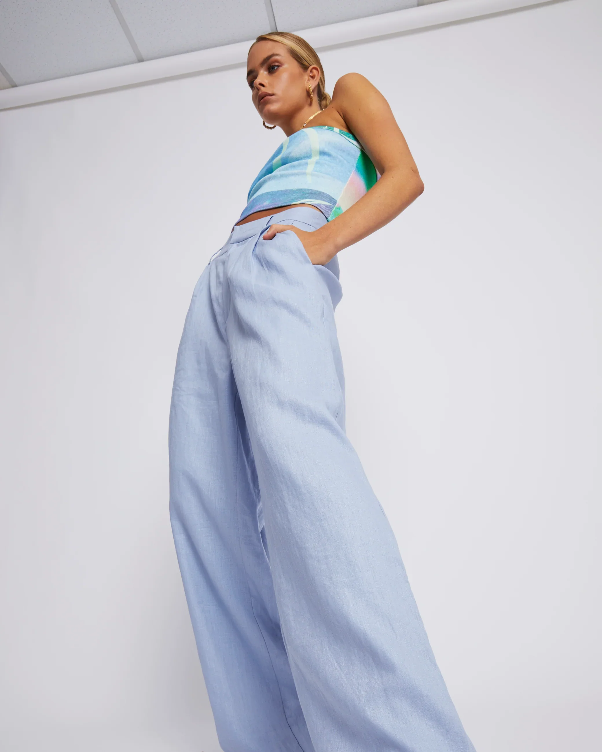 SUMMI SUMMI Womens Wide Leg Linen Trousers - Alice Blue - Image 8
