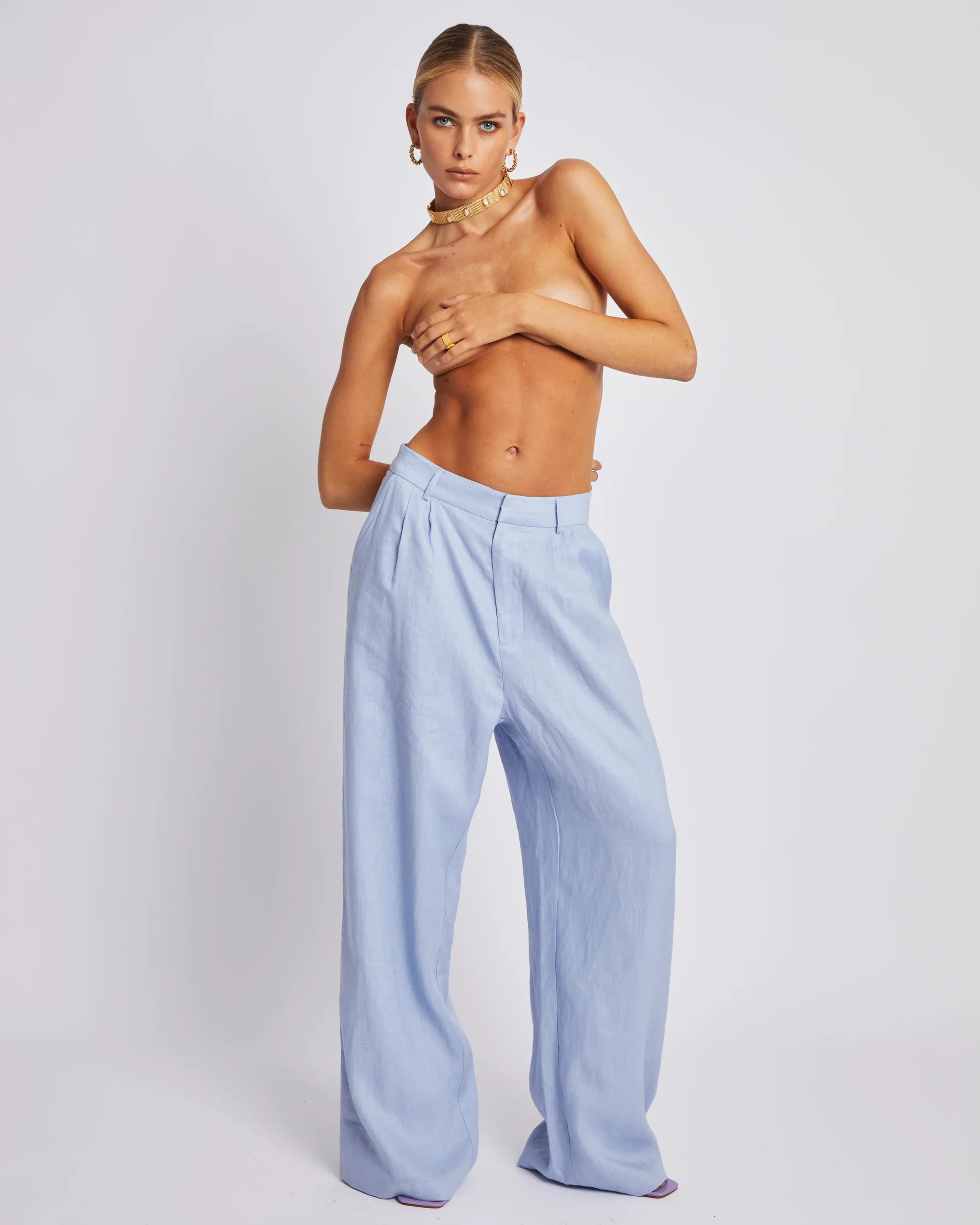 SUMMI SUMMI Womens Wide Leg Linen Trousers - Alice Blue - Image 9